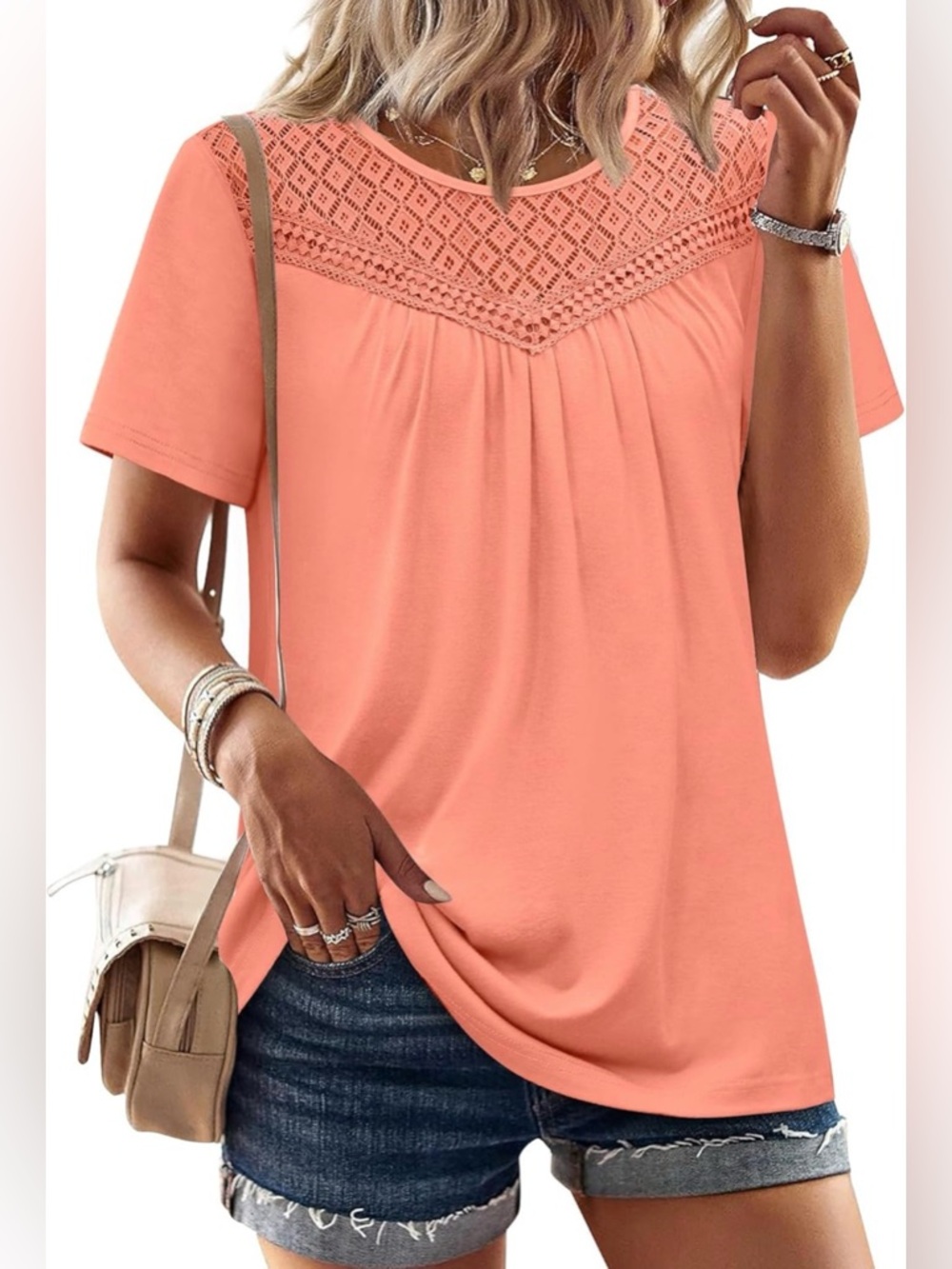 Lace Yoke Short Sleeve Top - Coral